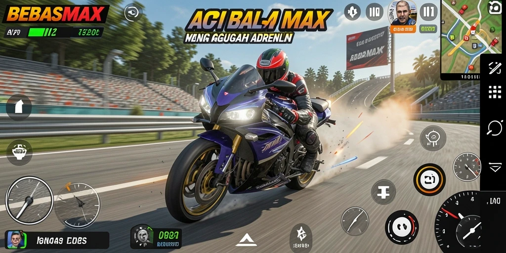 Tampilan gameplay <strong>BEBASMAX</strong> yang penuh aksi balap motor.
