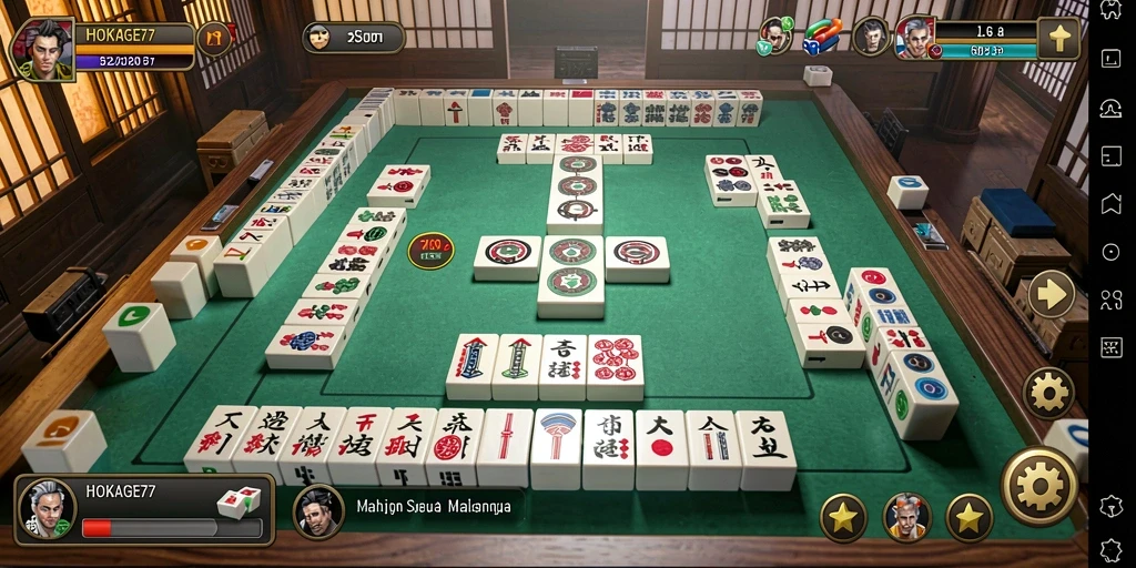 Tampilan gameplay HOKAGE77 dengan ubin Mahjong berwarna-warni.