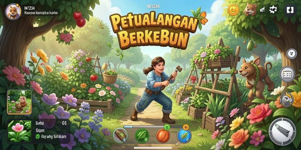 Tampilan gameplay menarik yang menunjukkan aktivitas berkebun di IN1234.
