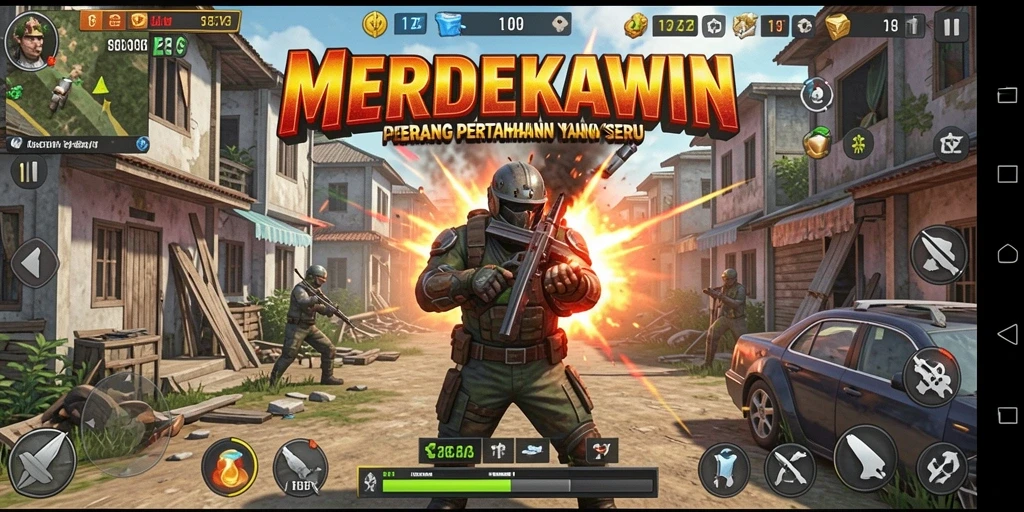 Tangkapan layar gameplay <strong>MERDEKAWIN</strong> menunjukkan aksi menarik dalam permainan Tower Defense.