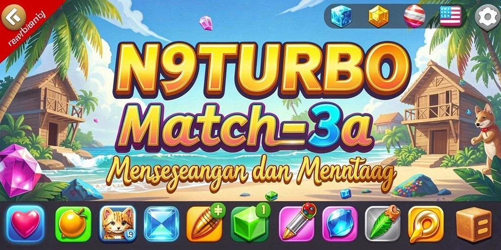 Tampilan gameplay N9TURBO dengan aksi seru permainan Match-3.