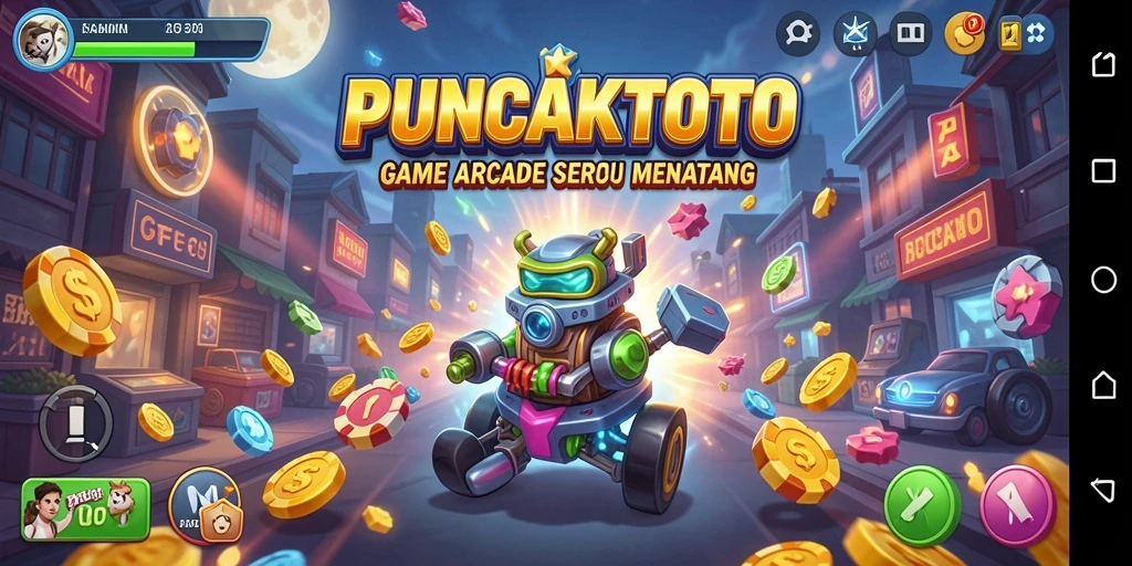 Screenshot utama PUNCAKTOTO menampilkan aksi seru di game arcade.