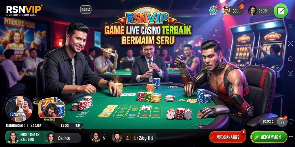 Screenshot permainan RSNVIP yang menampilkan dealer langsung dan interaksi pengguna.